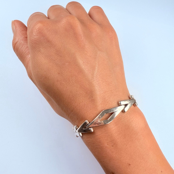 Modernist Geometric Chevron V Shape Link Sterling Silver Bracelet Taxco Mexico - Picture 7 of 9
